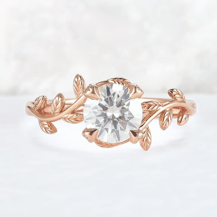 Unique Round Shaped Moissanite Leaf Ring