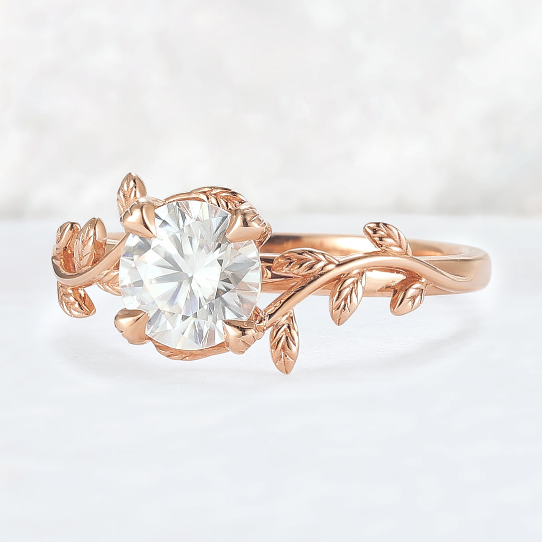 Unique Round Shaped Moissanite Leaf Ring