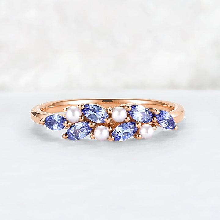 Unique Sapphire and Pearl Half Enternity Wedding Band
