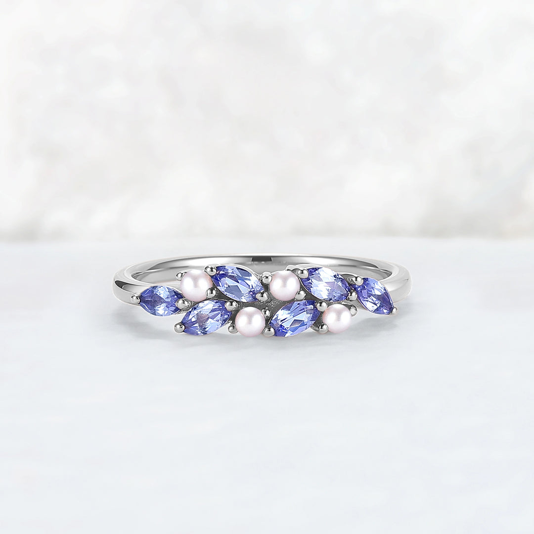 Unique Sapphire and Pearl Half Enternity Wedding Band