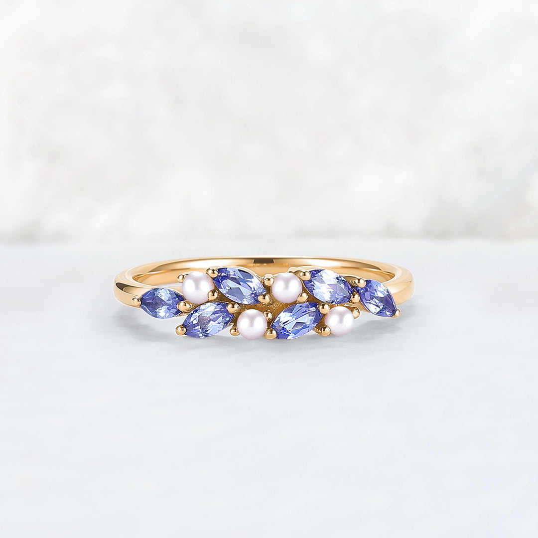 Unique Sapphire and Pearl Half Enternity Wedding Band