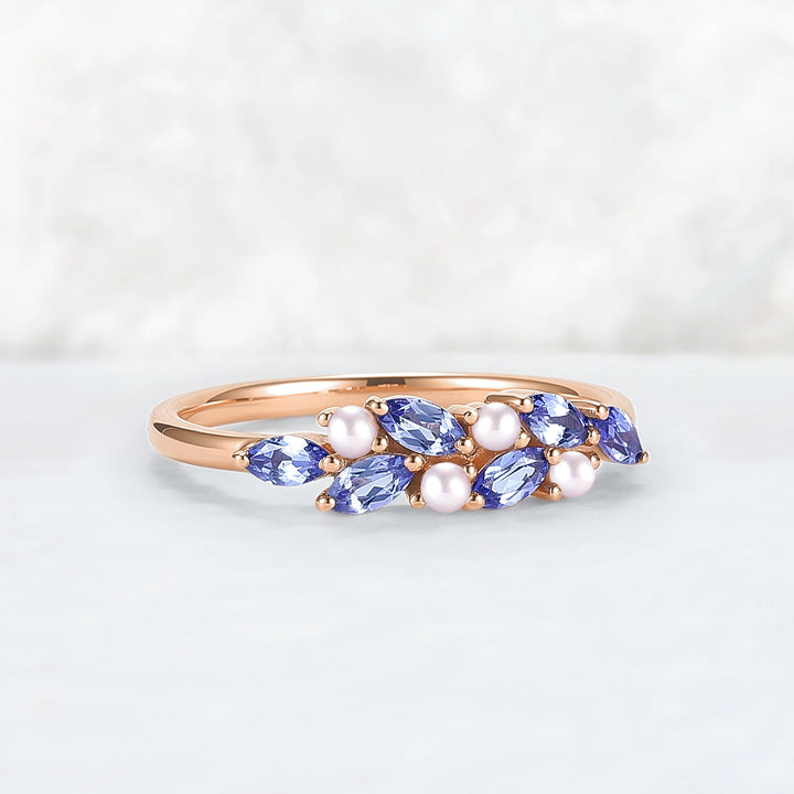 Unique Sapphire and Pearl Half Enternity Wedding Band