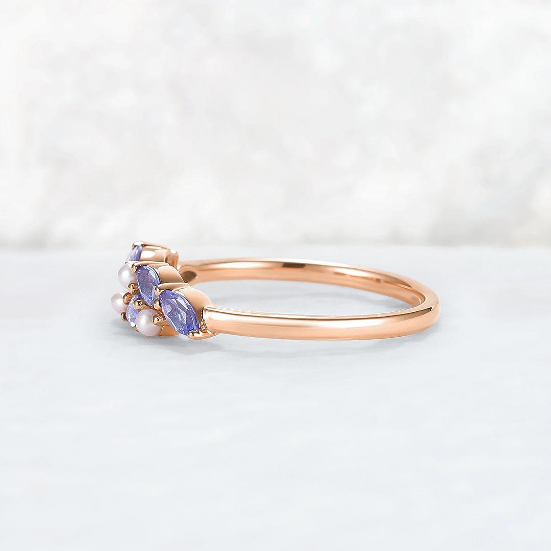 Unique Sapphire and Pearl Half Enternity Wedding Band