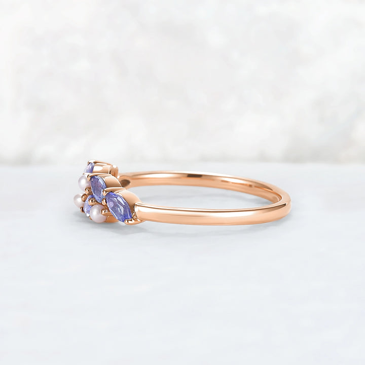 Unique Sapphire and Pearl Half Enternity Wedding Band