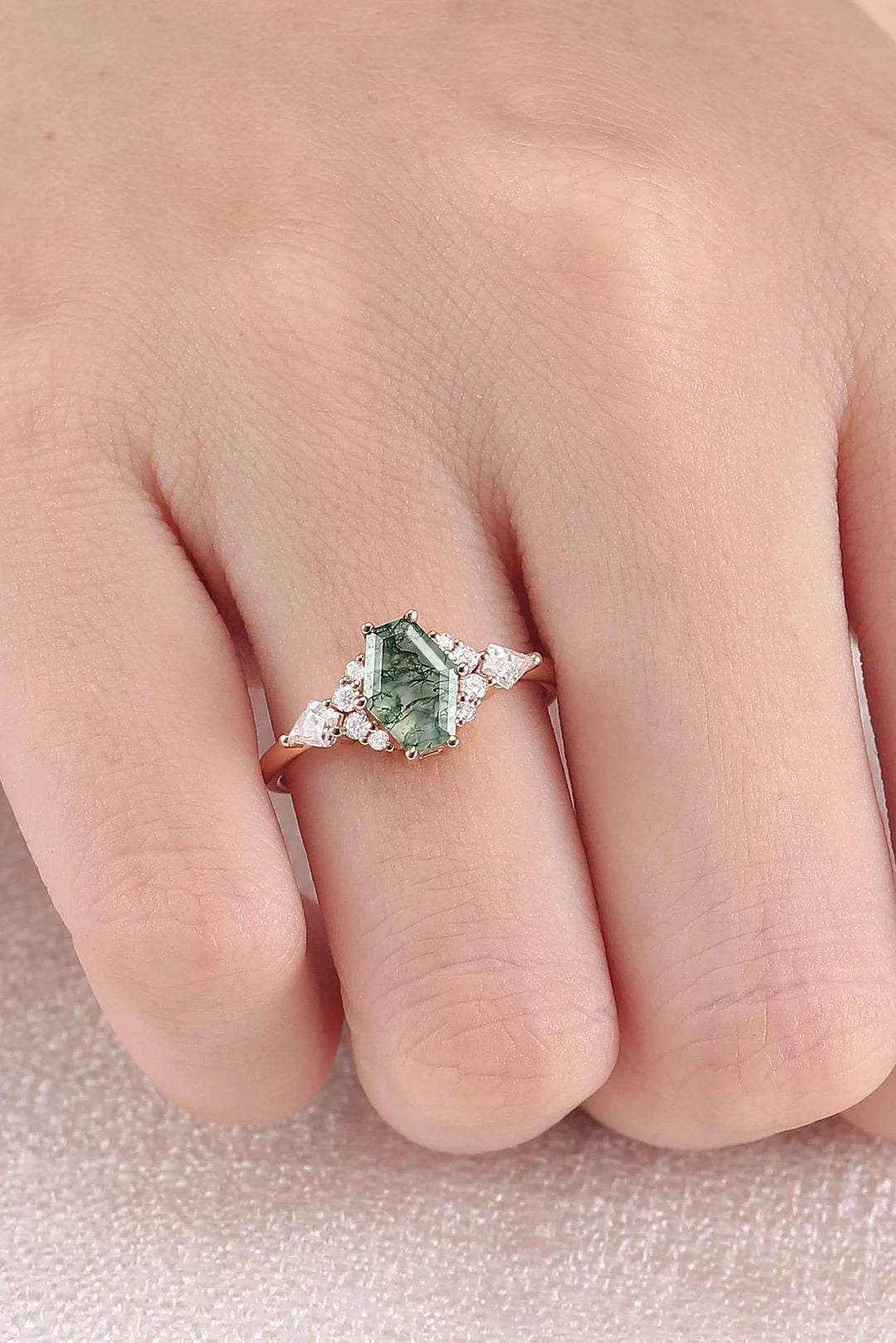 Unique Shield Cut Moss Agate Leafy Engagement Ring