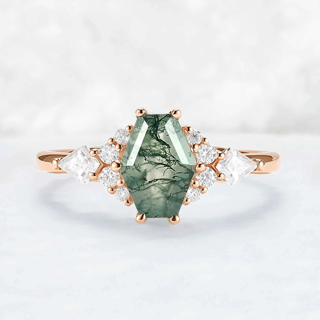 Unique Shield Cut Moss Agate Leafy Engagement Ring