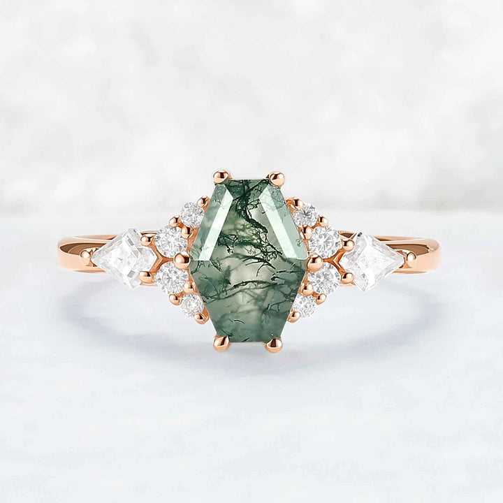 Unique Shield Cut Moss Agate Leafy Engagement Ring