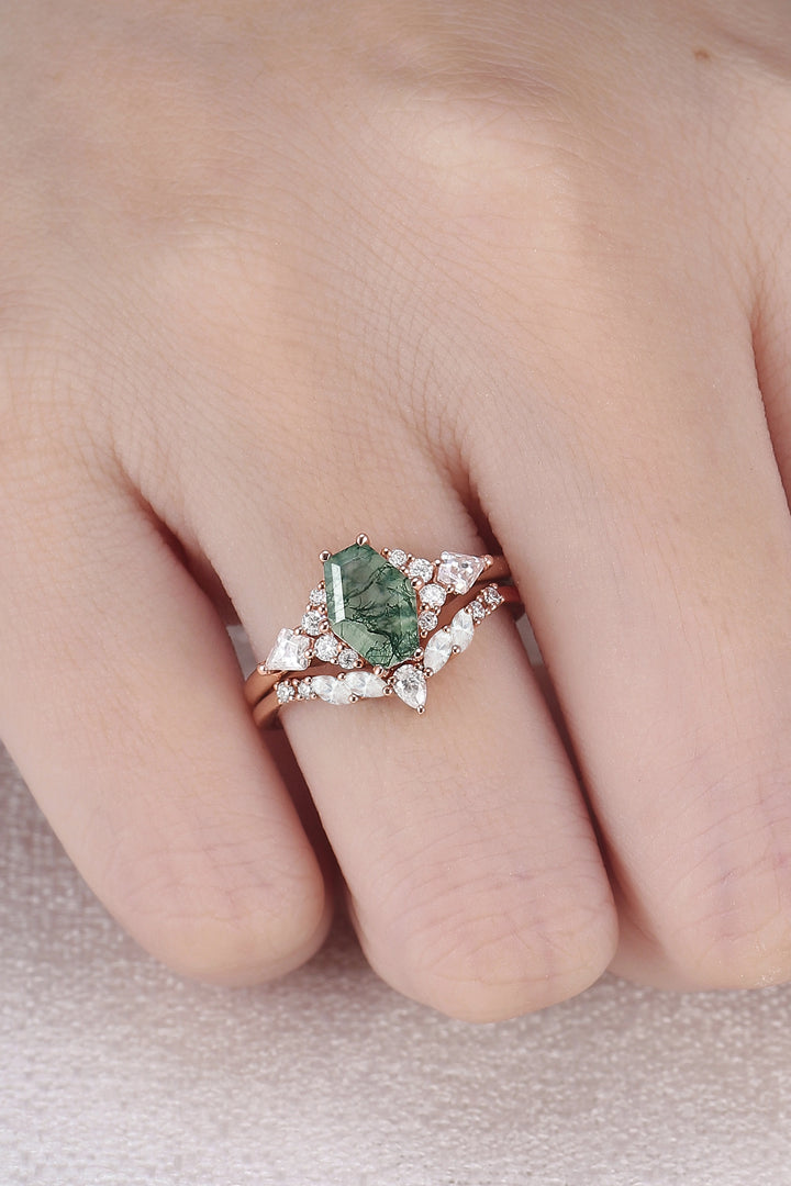 Unique Shield Cut Moss Agate Leafy Engagement Ring 2pcs