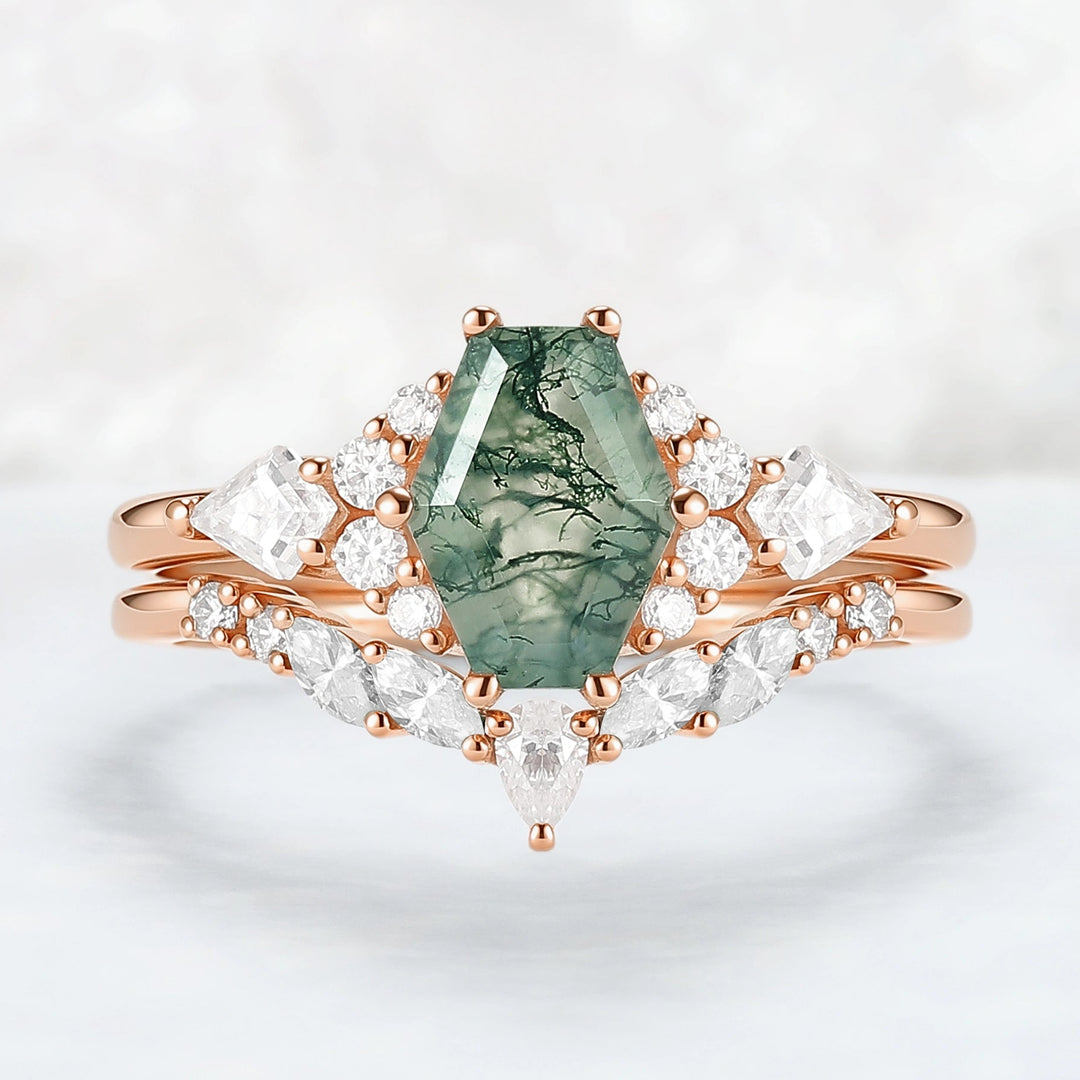 Unique Shield Cut Moss Agate Leafy Engagement Ring 2pcs