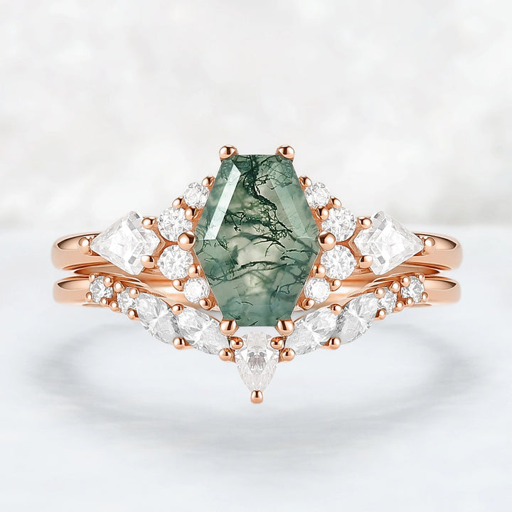 Unique Shield Cut Moss Agate Leafy Engagement Ring 2pcs
