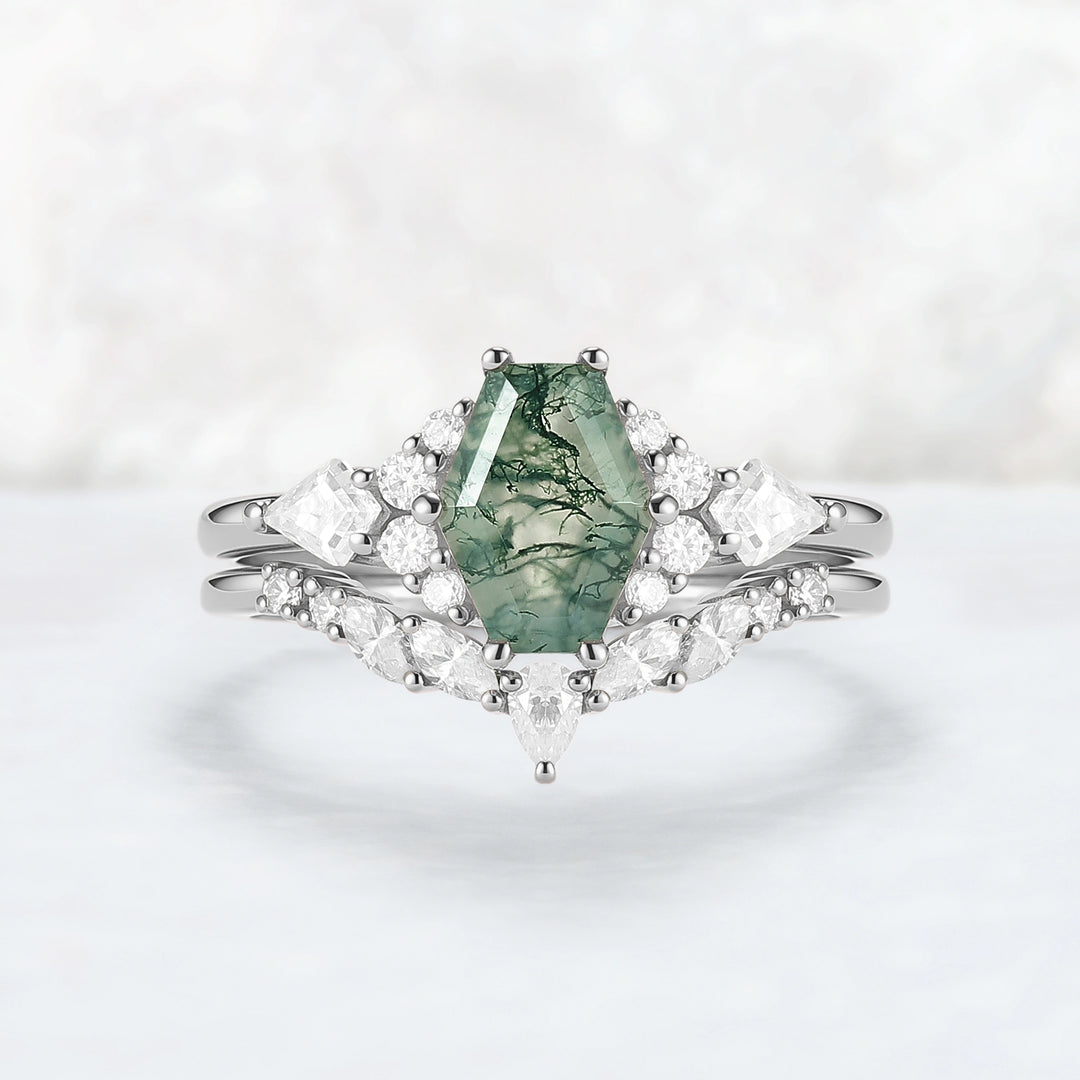 Unique Shield Cut Moss Agate Leafy Engagement Ring 2pcs