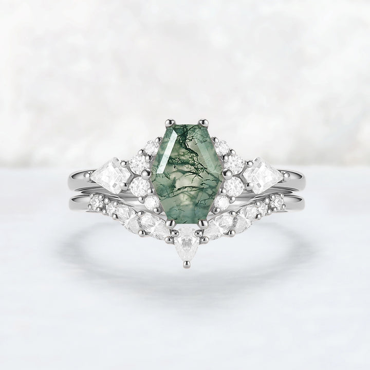 Unique Shield Cut Moss Agate Leafy Engagement Ring 2pcs