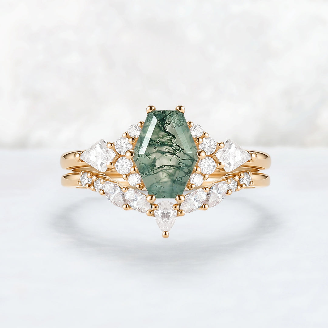 Unique Shield Cut Moss Agate Leafy Engagement Ring 2pcs