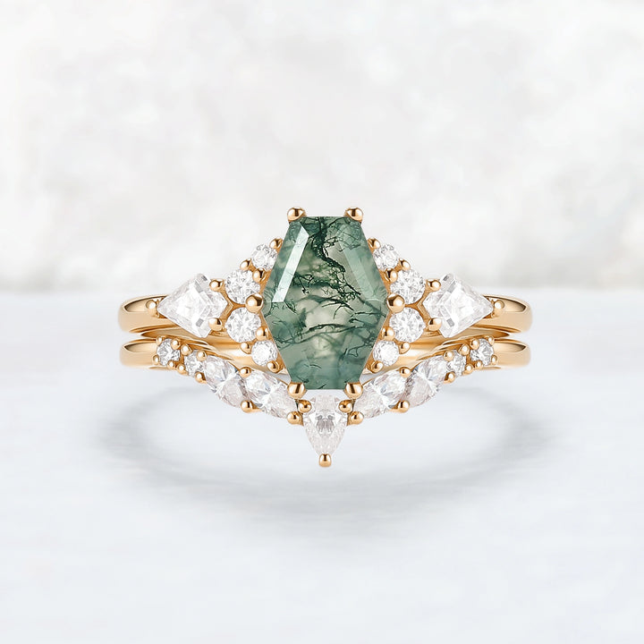 Unique Shield Cut Moss Agate Leafy Engagement Ring 2pcs