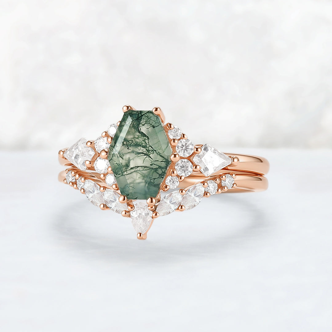 Unique Shield Cut Moss Agate Leafy Engagement Ring 2pcs