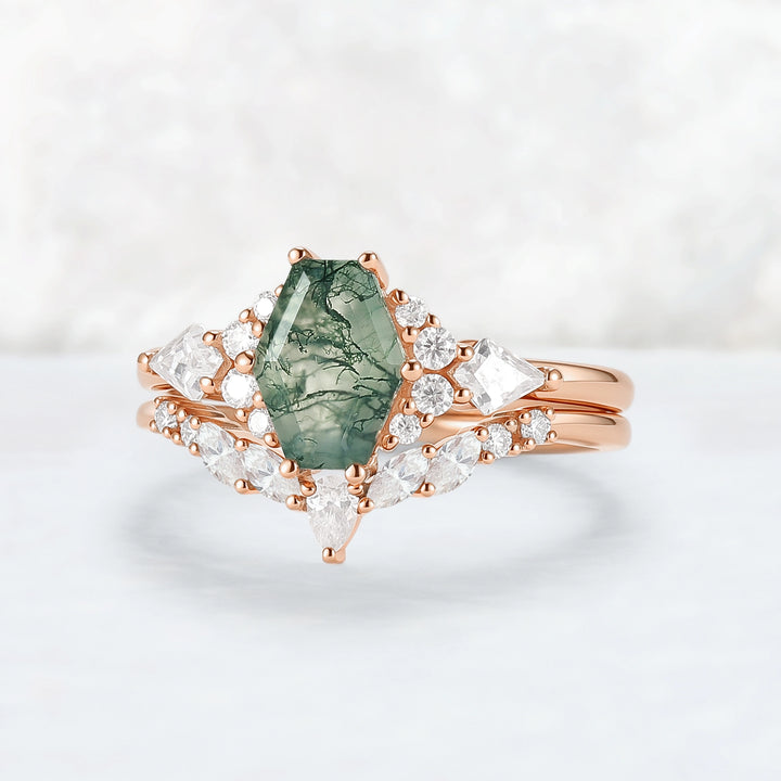 Unique Shield Cut Moss Agate Leafy Engagement Ring 2pcs