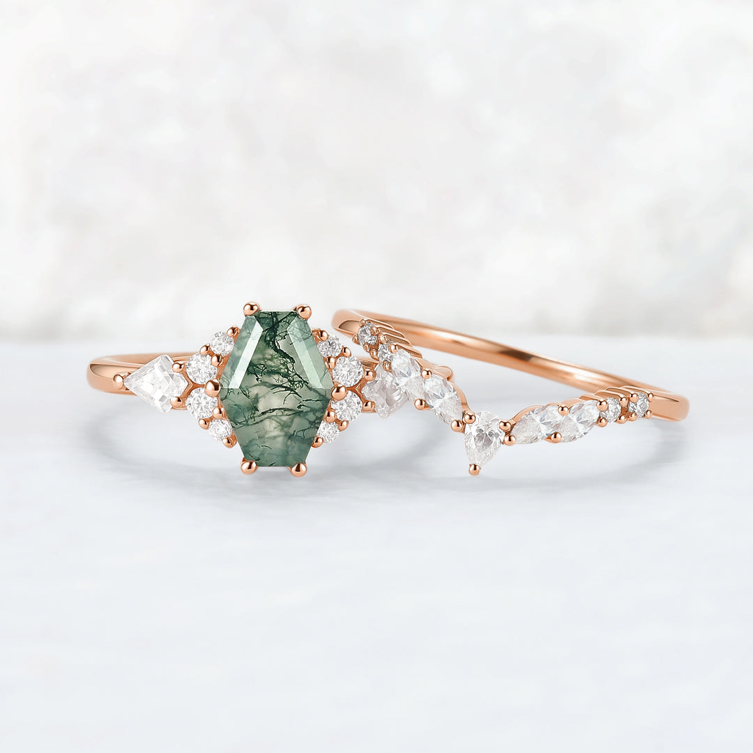 Unique Shield Cut Moss Agate Leafy Engagement Ring 2pcs