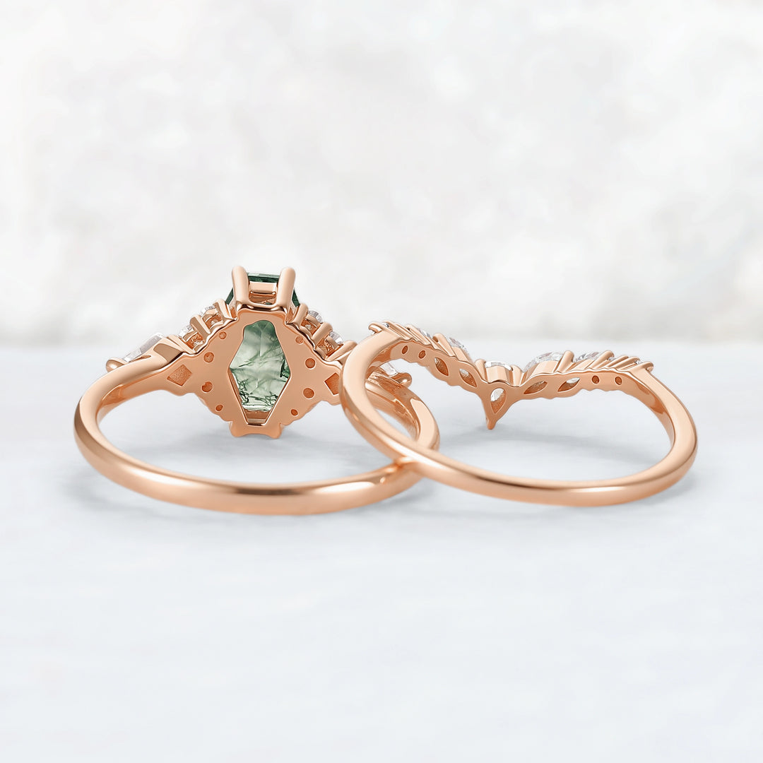 Unique Shield Cut Moss Agate Leafy Engagement Ring 2pcs