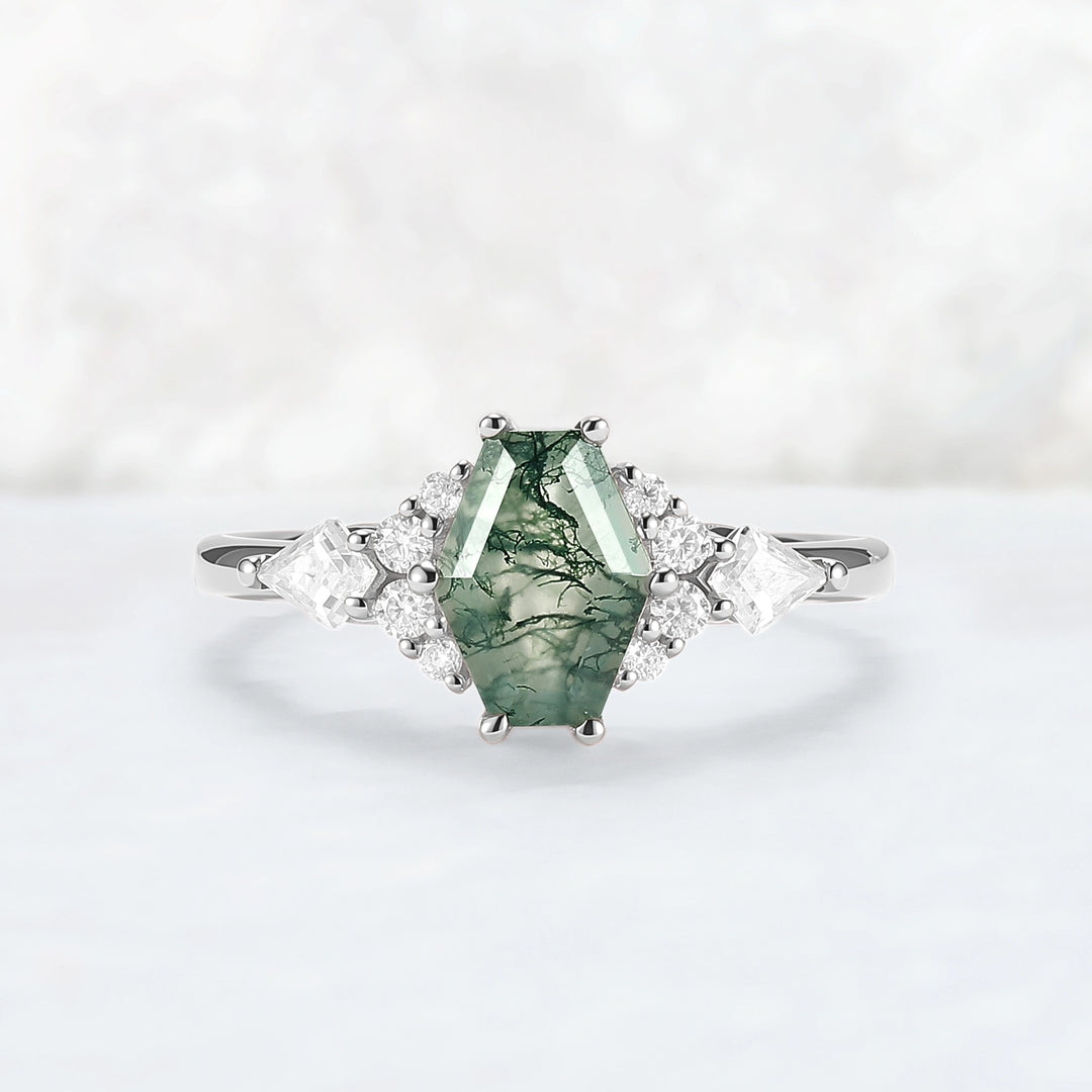 Unique Shield Cut Moss Agate Leafy Engagement Ring
