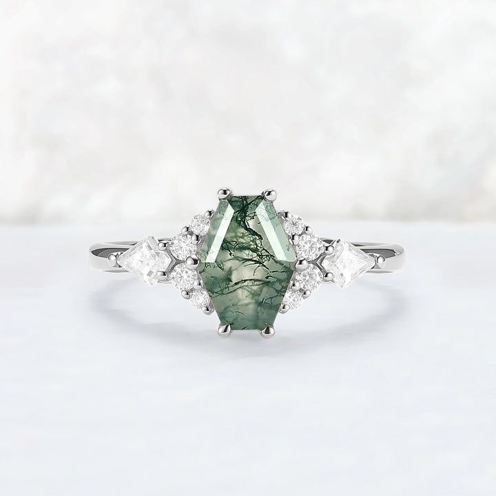 Unique Shield Cut Moss Agate Leafy Engagement Ring