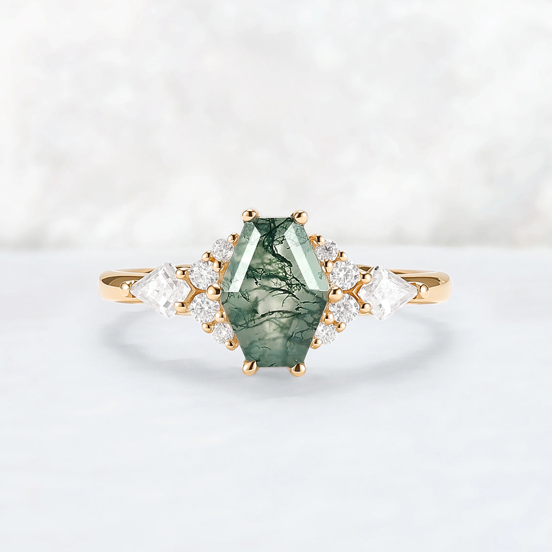 Unique Shield Cut Moss Agate Leafy Engagement Ring