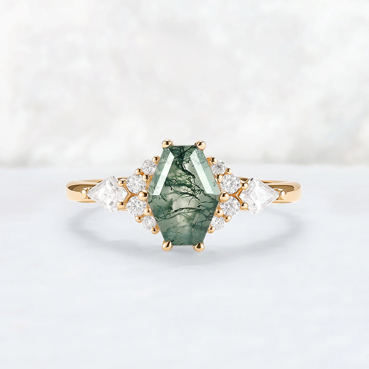 Unique Shield Cut Moss Agate Leafy Engagement Ring