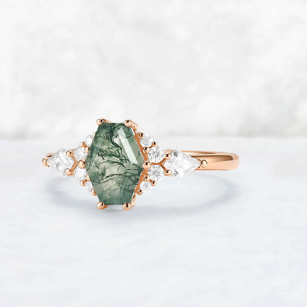 Unique Shield Cut Moss Agate Leafy Engagement Ring