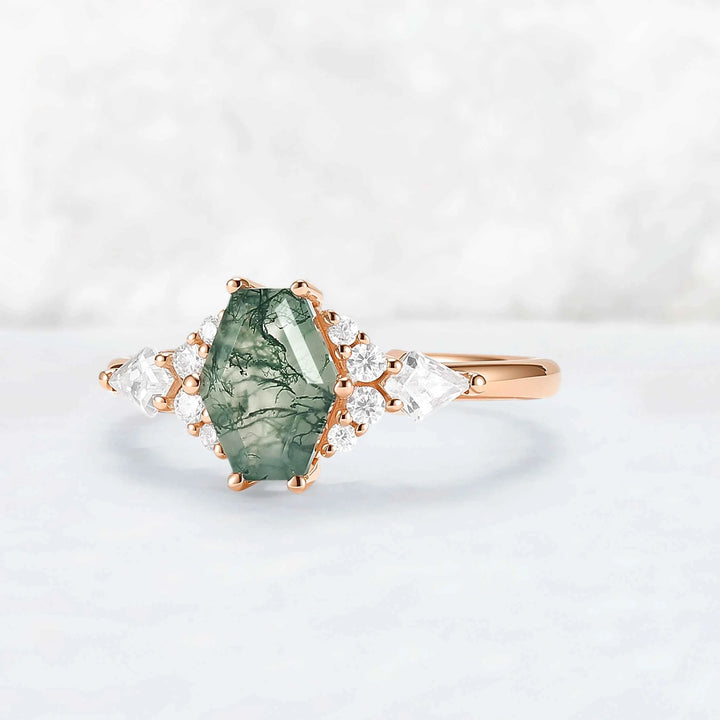 Unique Shield Cut Moss Agate Leafy Engagement Ring