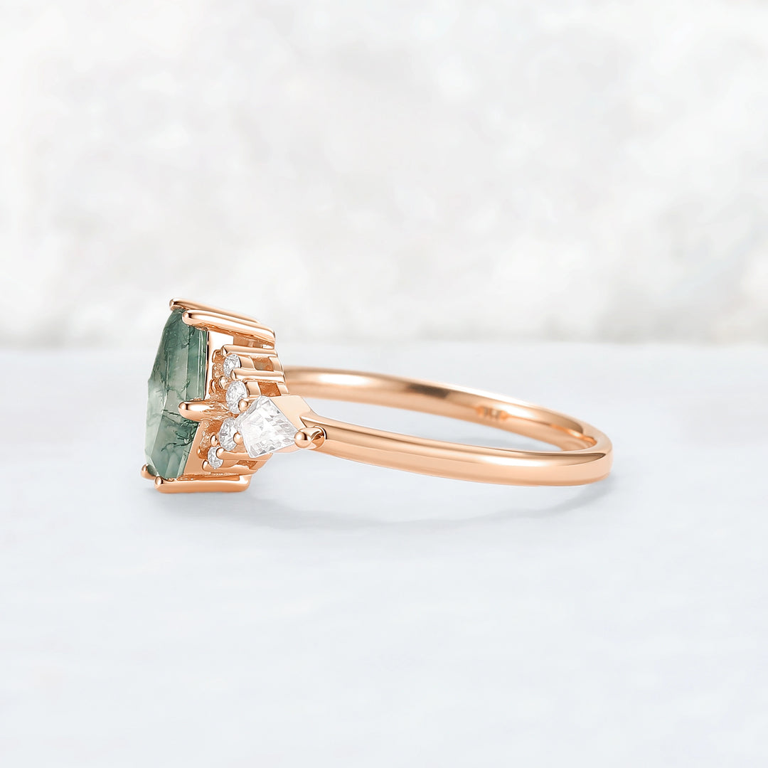 Unique Shield Cut Moss Agate Leafy Engagement Ring