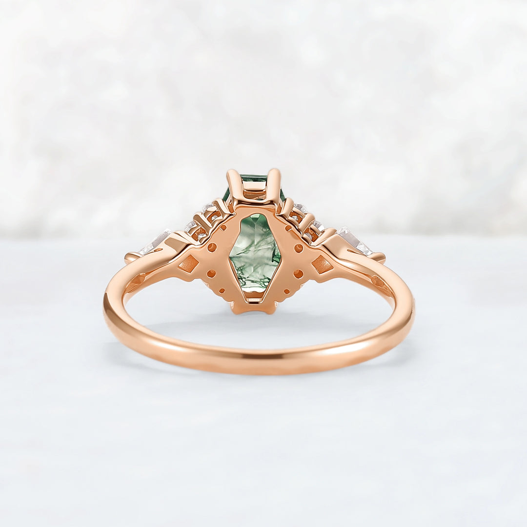 Unique Shield Cut Moss Agate Leafy Engagement Ring