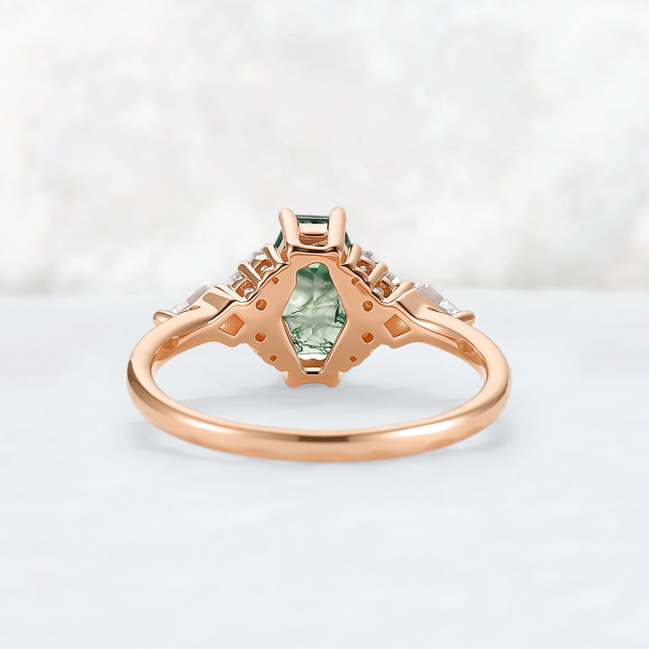 Unique Shield Cut Moss Agate Leafy Engagement Ring