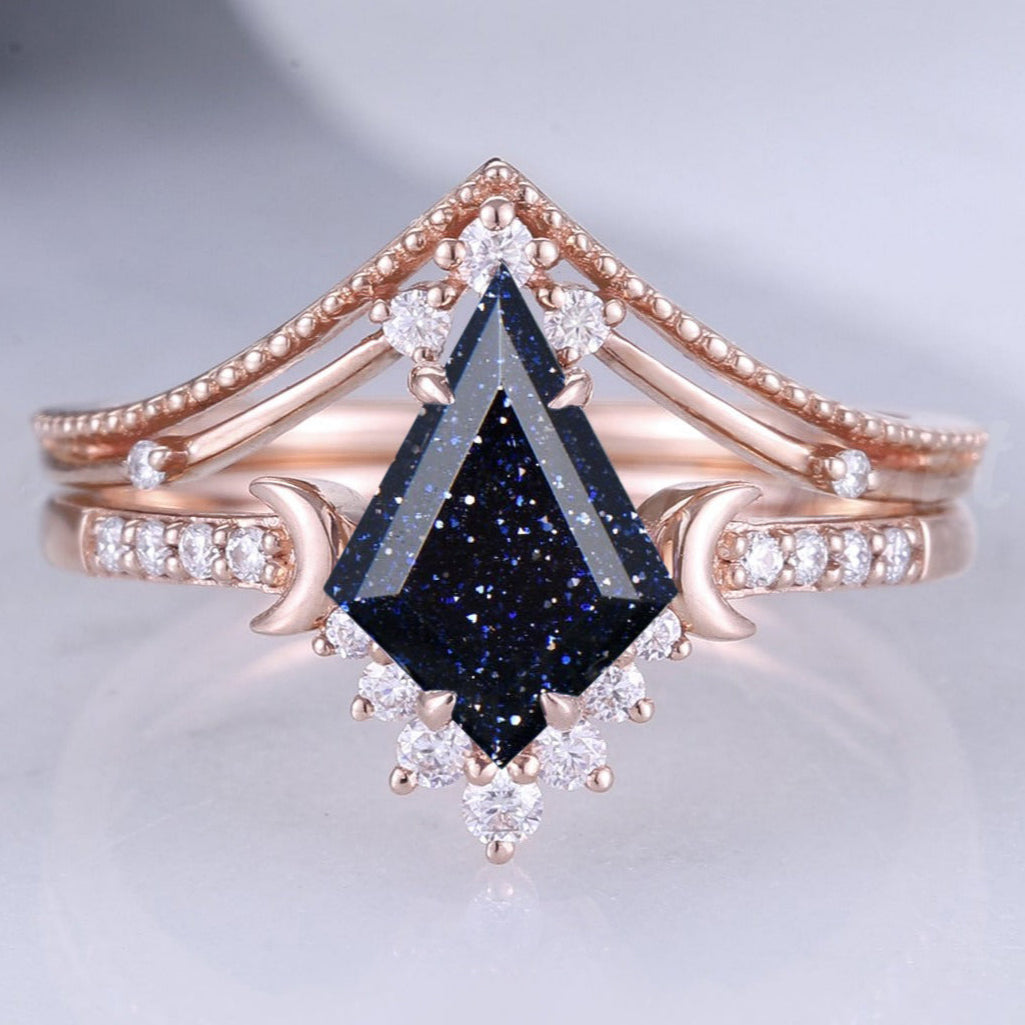 Unique kite Cut Blue Sandstone Moon Engagement Ring Set 2pcs