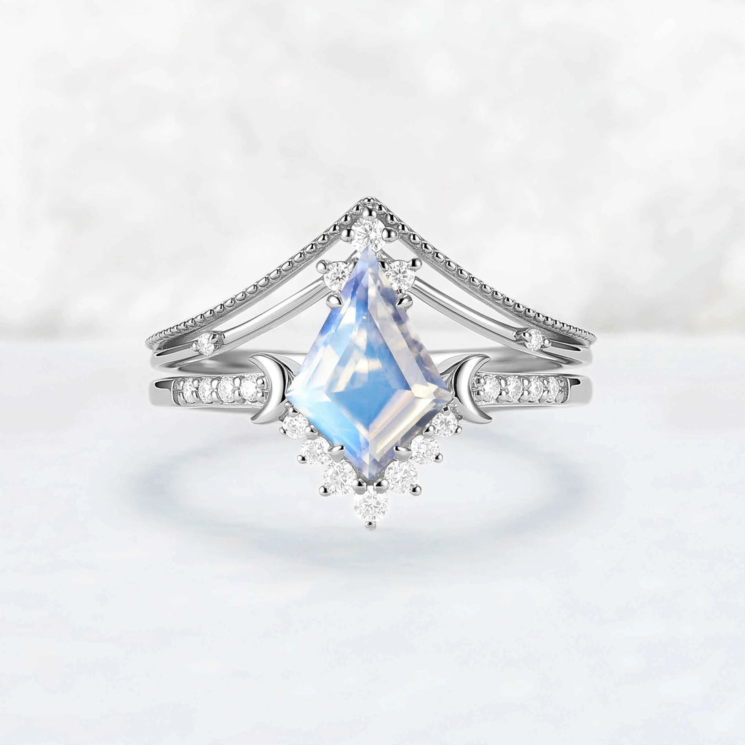 Unique kite Cut Moonstone Moon Gemstone Ring Set 2pcs