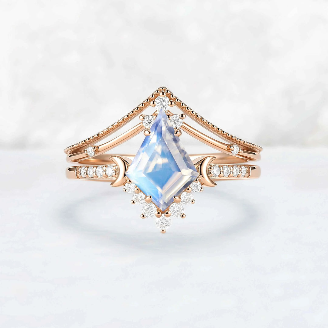 Unique kite Cut Moonstone Moon Gemstone Ring Set 2pcs