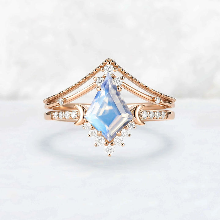 Unique kite Cut Moonstone Moon Gemstone Ring Set 2pcs