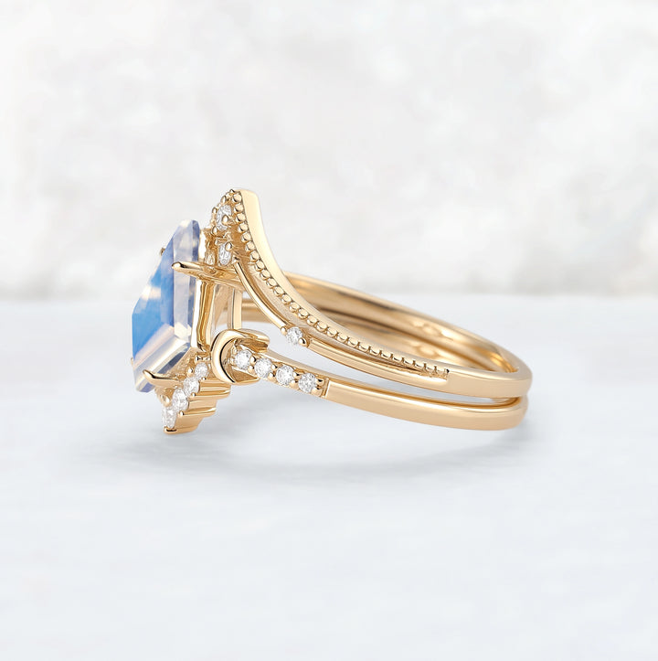 Unique kite Cut Moonstone Moon Gemstone Ring Set 2pcs
