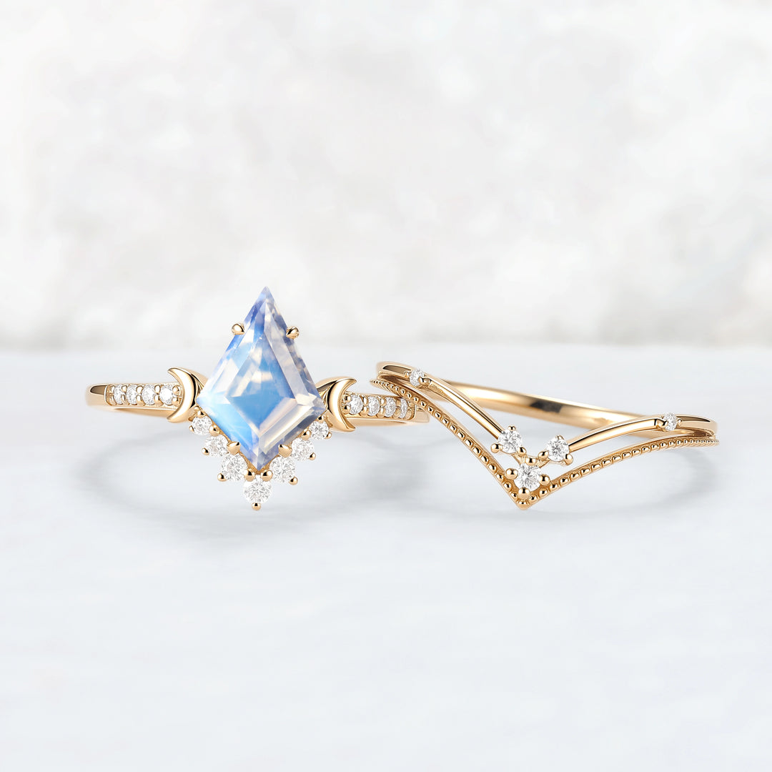 Unique kite Cut Moonstone Moon Gemstone Ring Set 2pcs