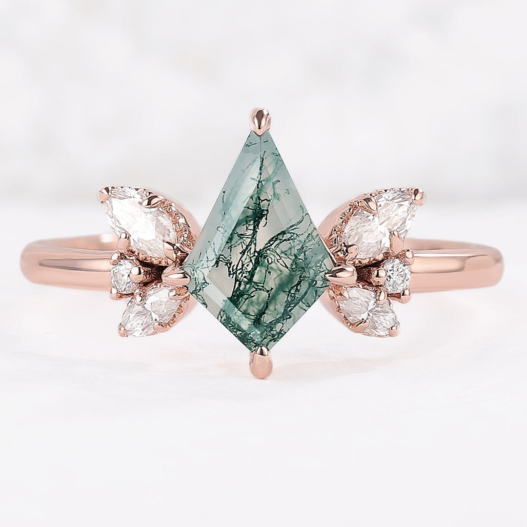Unique kite Cut Moss Agate Art Decor Engagement Ring