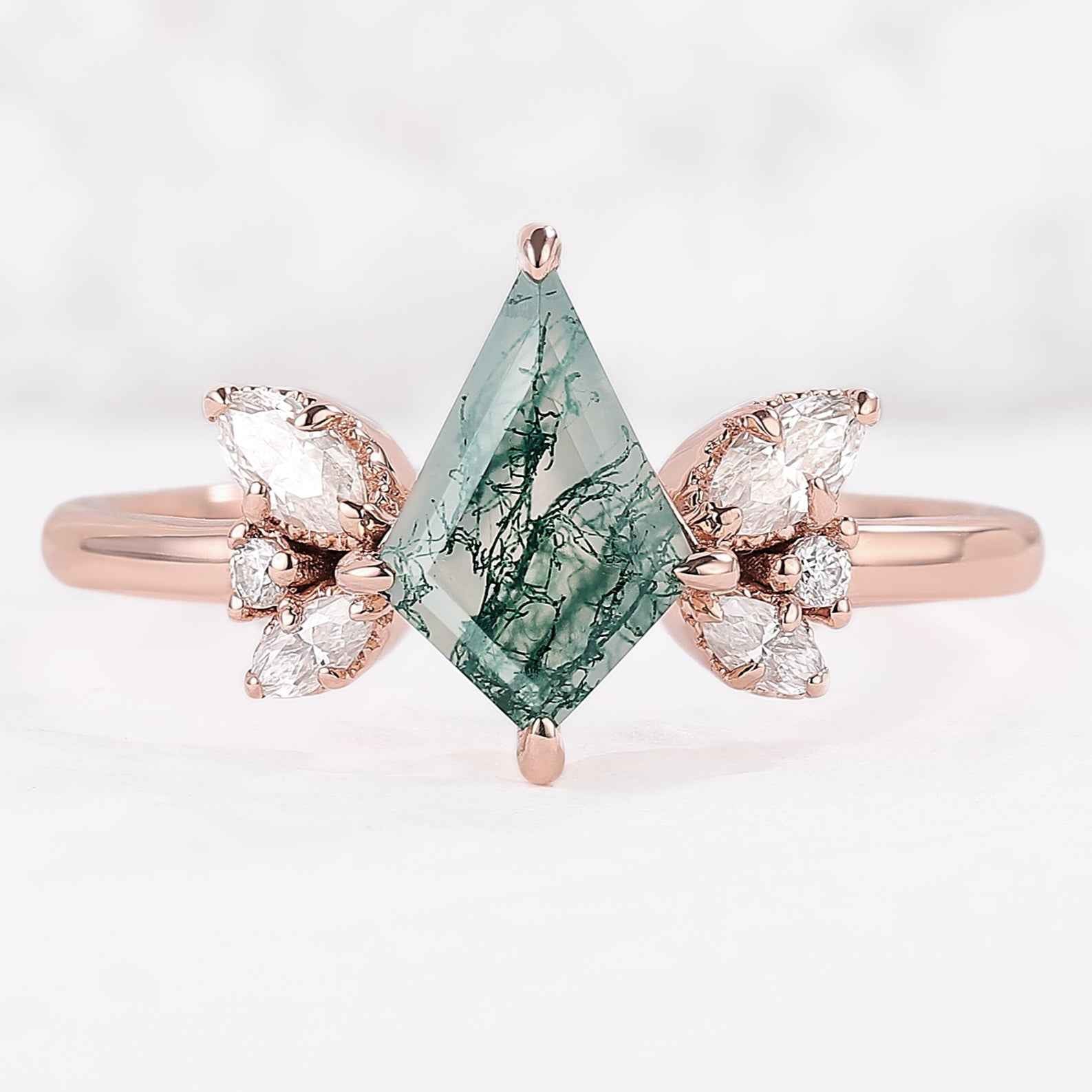 Unique kite Cut Moss Agate Art Decor Engagement Ring