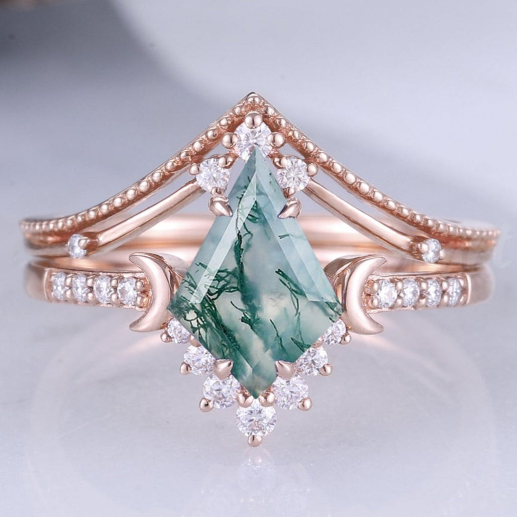 Unique kite Cut Moss Agate Moon Engagement Ring Set 2pcs