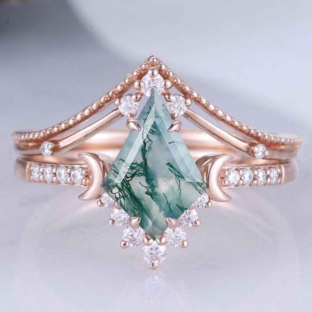 Unique kite Cut Moss Agate Moon Engagement Ring Set 2pcs