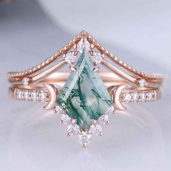 Unique kite Cut Moss Agate Moon Engagement Ring Set 2pcs