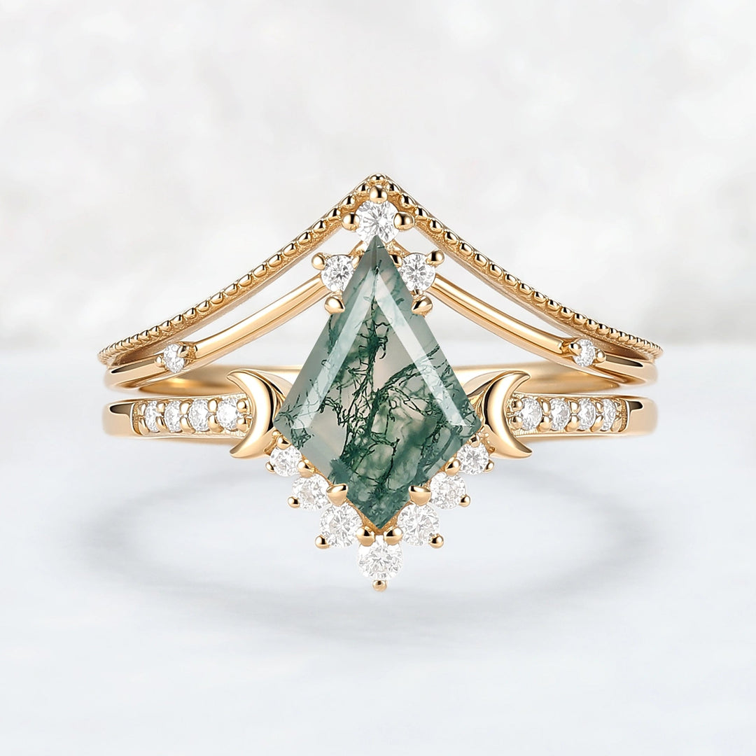 Unique kite Cut Moss Agate Moon Gemstone Ring Set 2pcs
