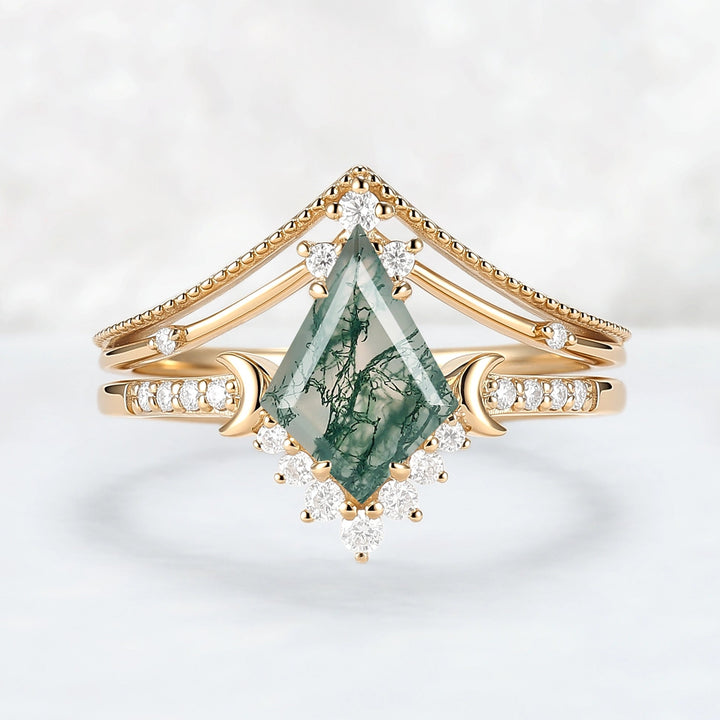 Unique kite Cut Moss Agate Moon Gemstone Ring Set 2pcs
