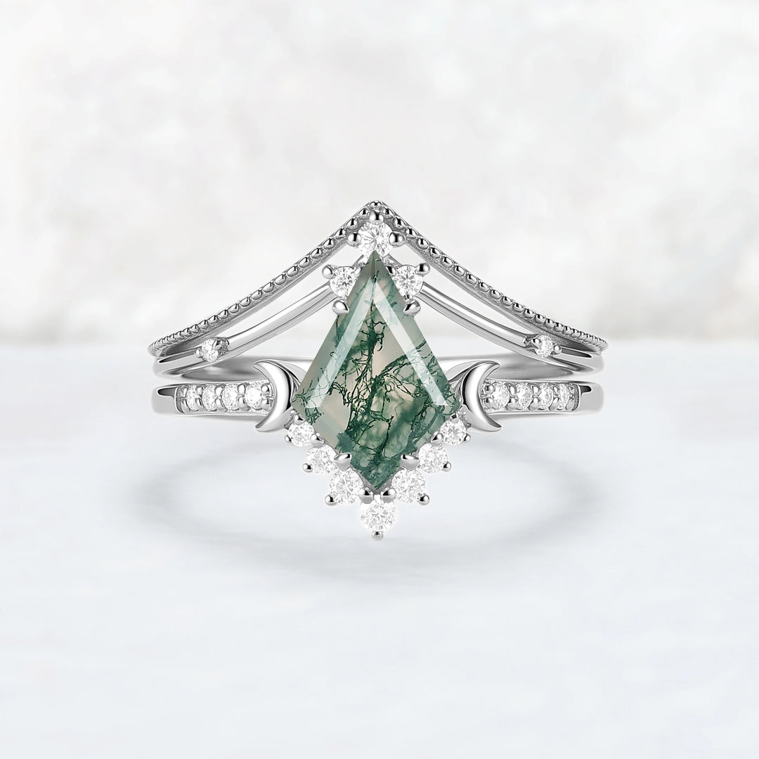 Unique kite Cut Moss Agate Moon Gemstone Ring Set 2pcs