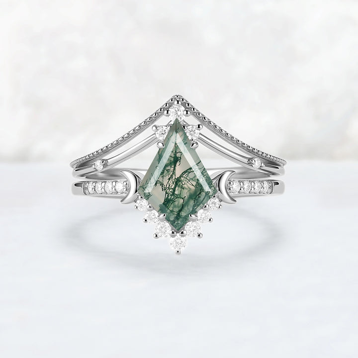 Unique kite Cut Moss Agate Moon Gemstone Ring Set 2pcs