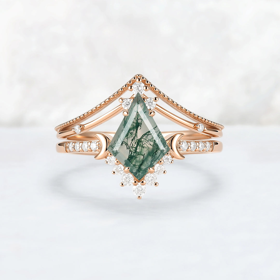 Unique kite Cut Moss Agate Moon Gemstone Ring Set 2pcs