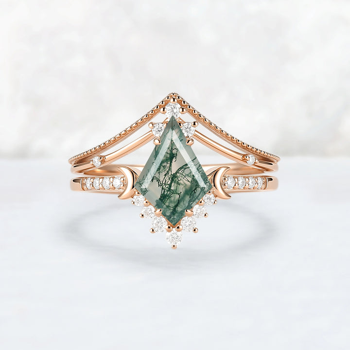 Unique kite Cut Moss Agate Moon Gemstone Ring Set 2pcs
