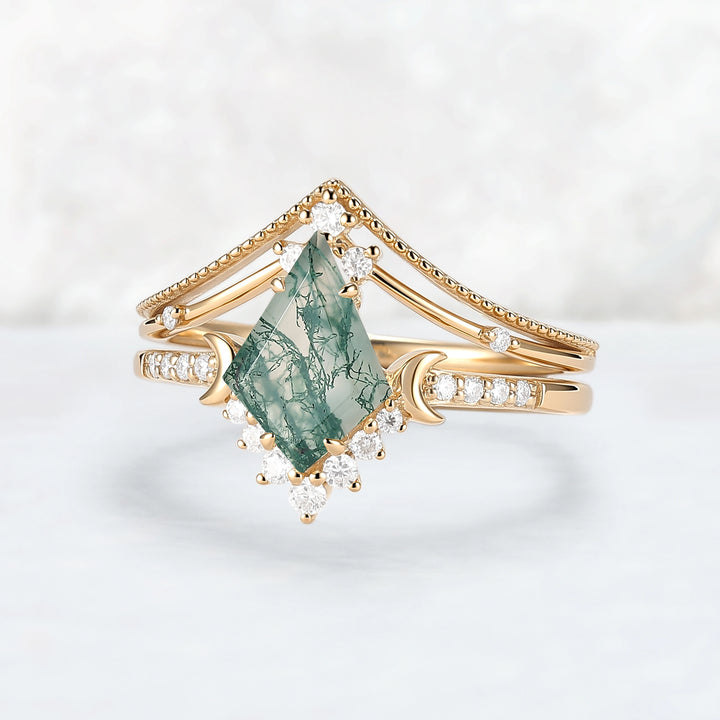 Unique kite Cut Moss Agate Moon Gemstone Ring Set 2pcs