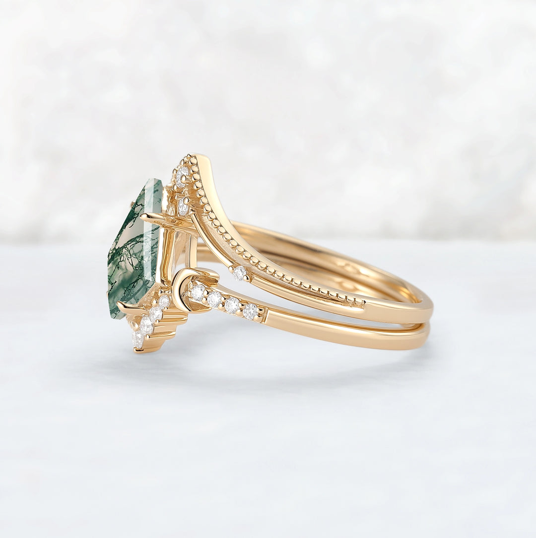 Unique kite Cut Moss Agate Moon Gemstone Ring Set 2pcs